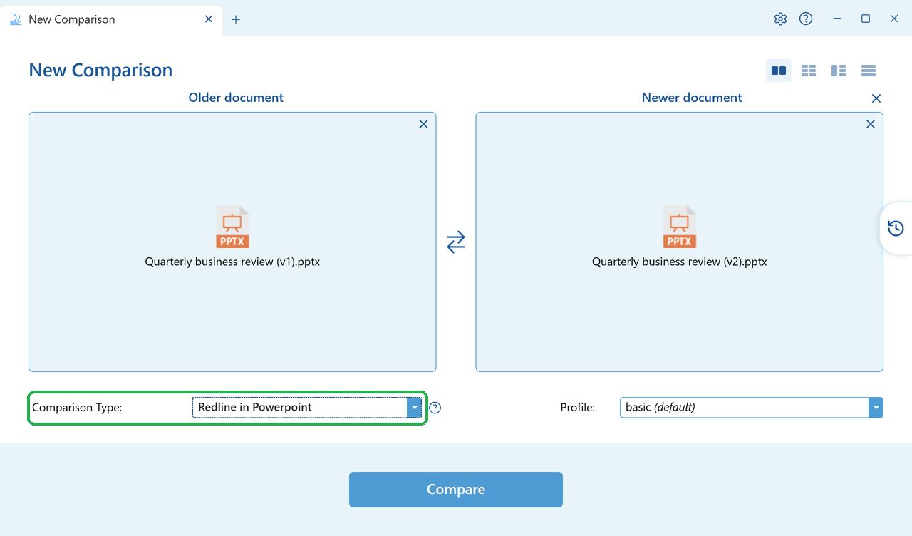Redline in Powerpoint selected in the Comparison Type dropdown, with two PowerPoint files loaded
