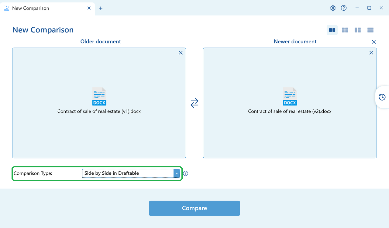 Side by Side in Draftable selected in the Comparison Type dropdown