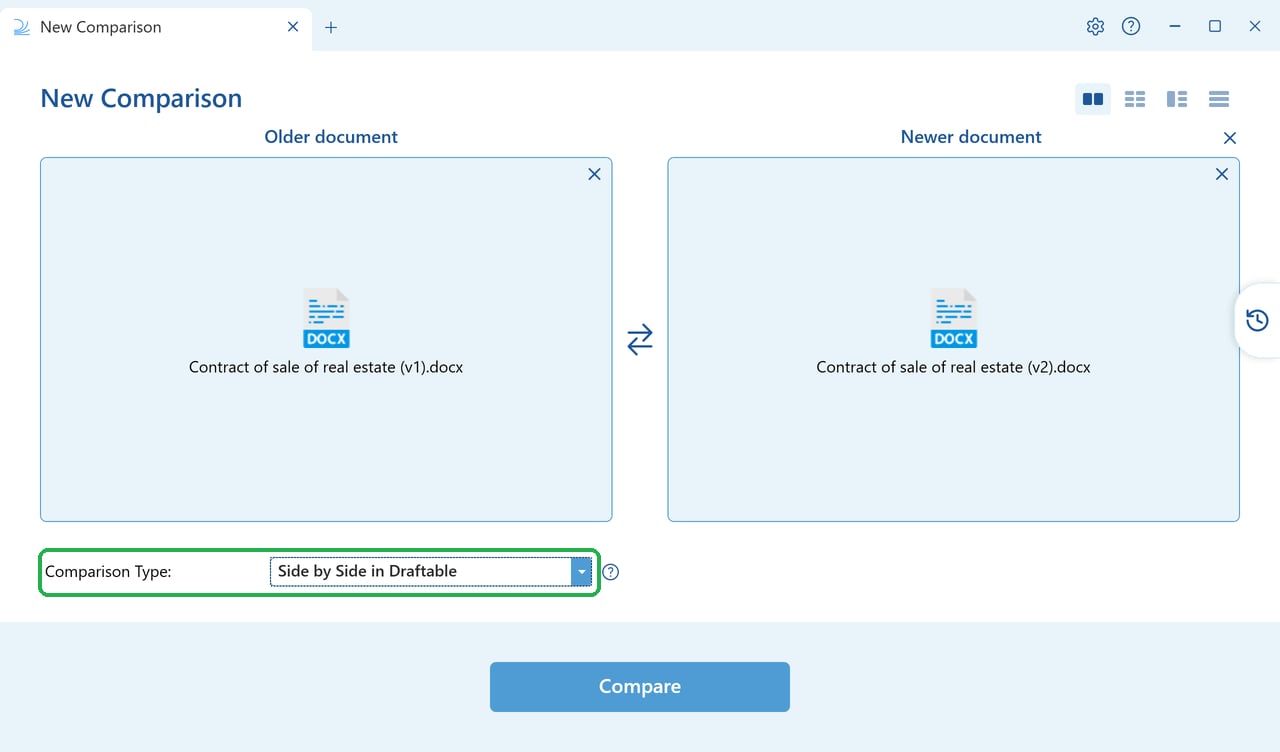 Side by Side in Draftable selected in the Comparison Type dropdown