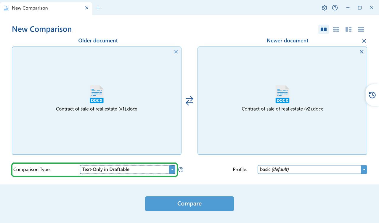 Text-Only in Draftable selected in the Comparison Type dropdown