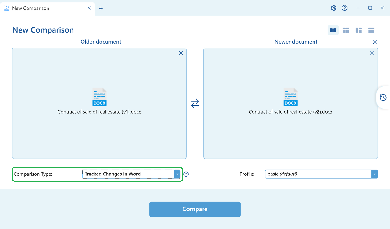 Tracked Changes in Word selected in the Comparison Type dropdown
