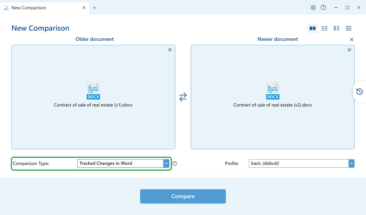 Tracked Changes in Word selected in the Comparison Type dropdown