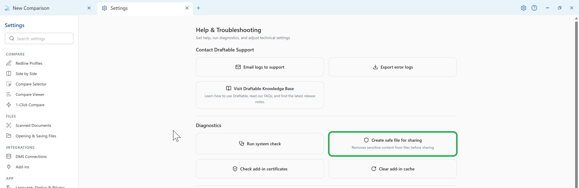 The Create safe file for sharing action under Help & Troubleshooting, Diagnostics