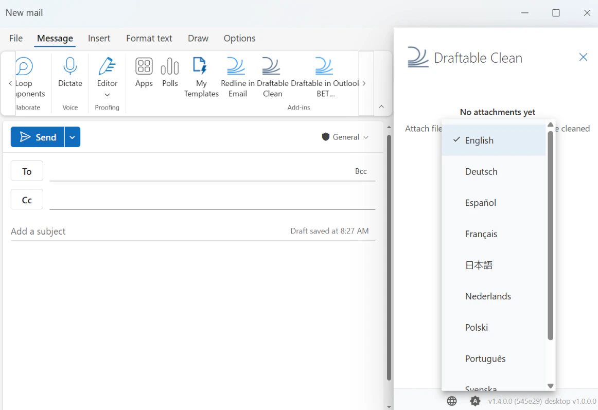 Language support in the Outlook add-in
