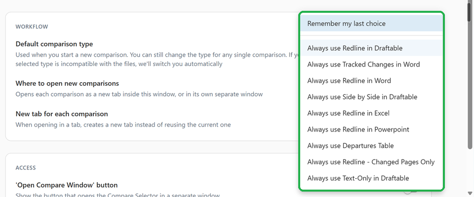 Default comparison type dropdown with Remember my last choice and Always use options