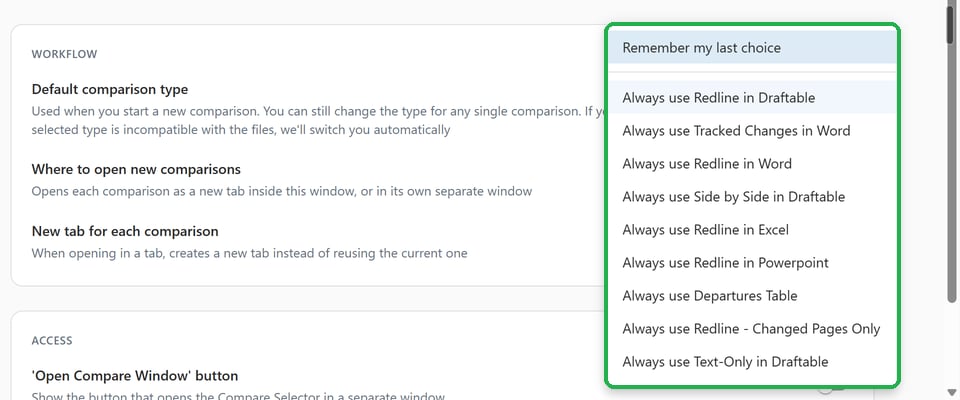 Default comparison type dropdown with Remember my last choice and Always use options