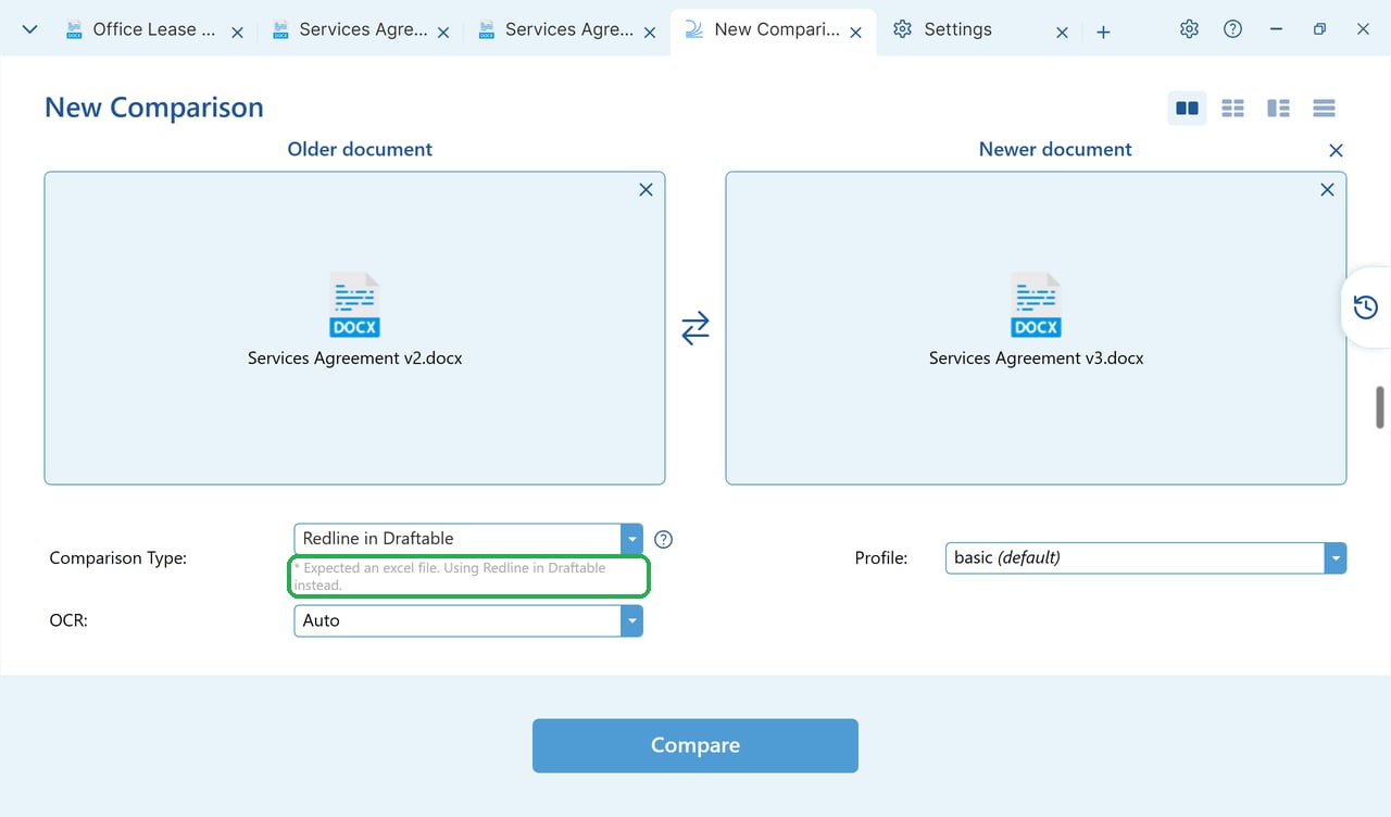 New Comparison screen showing the fallback message for Word files when the preferred type expects an Excel file
