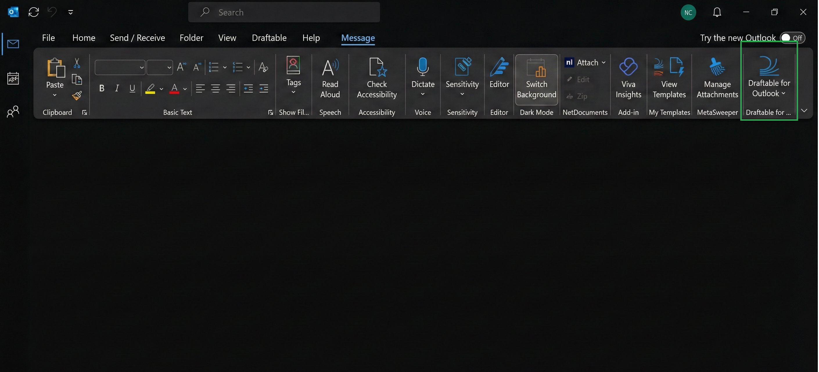 Outlook Message tab ribbon with the Draftable for Outlook button highlighted on the right