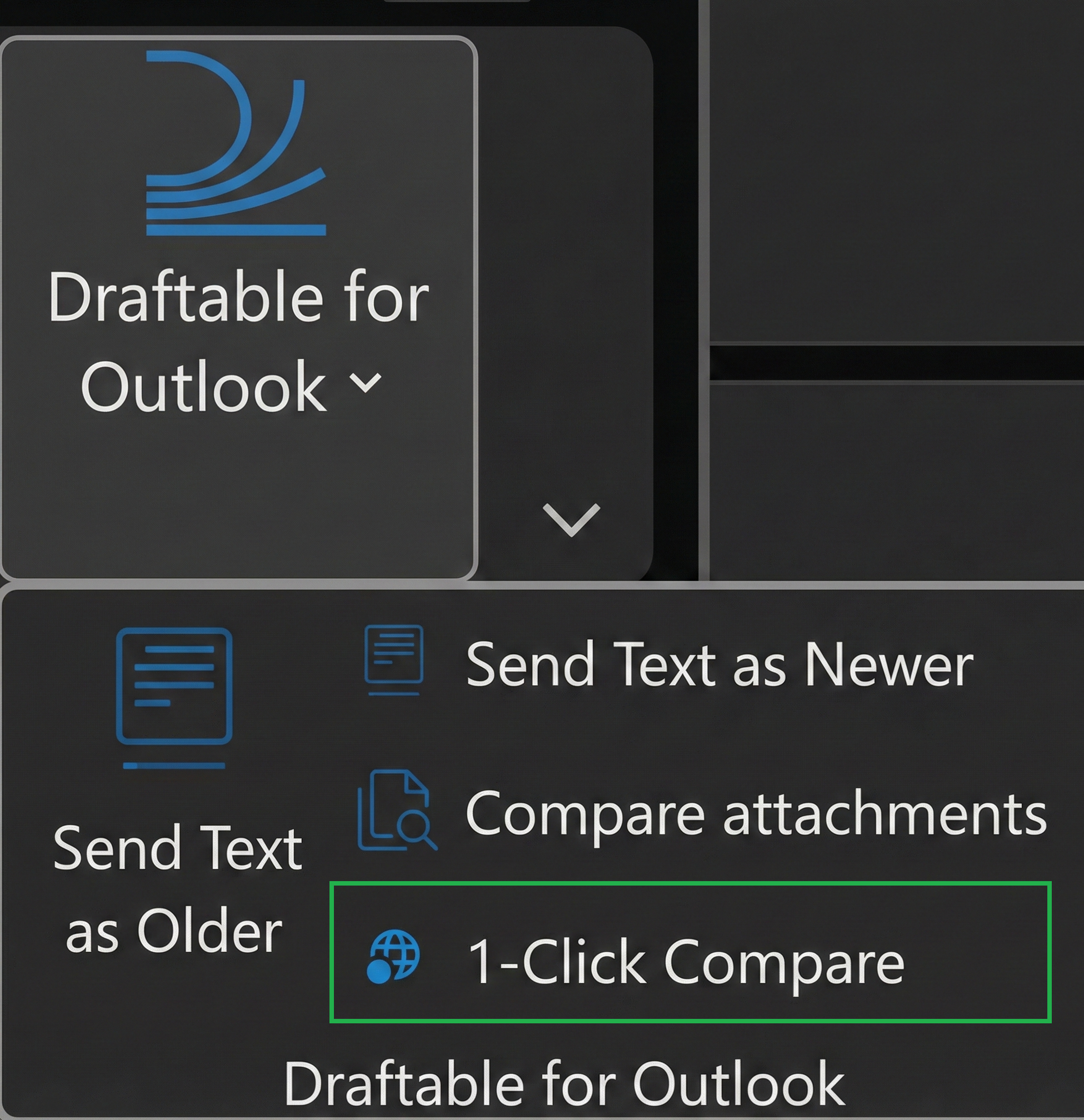 Draftable for Outlook dropdown with 1-Click Compare highlighted