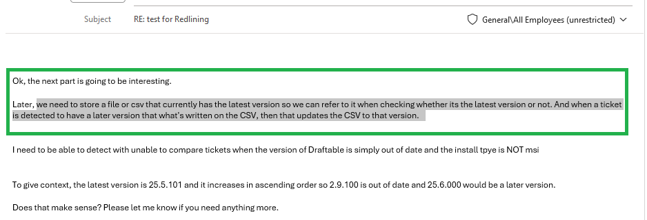 Email body in Outlook with text selected for comparison