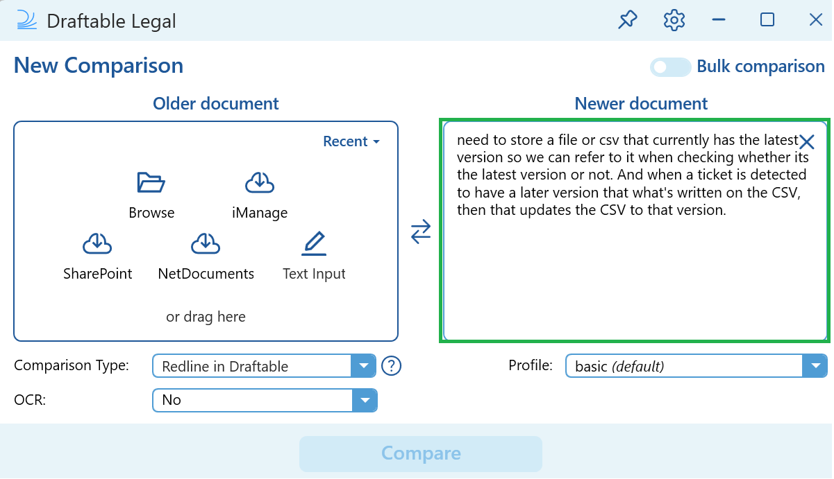 Draftable Legal New Comparison window with selected email text loaded into the Newer document pane
