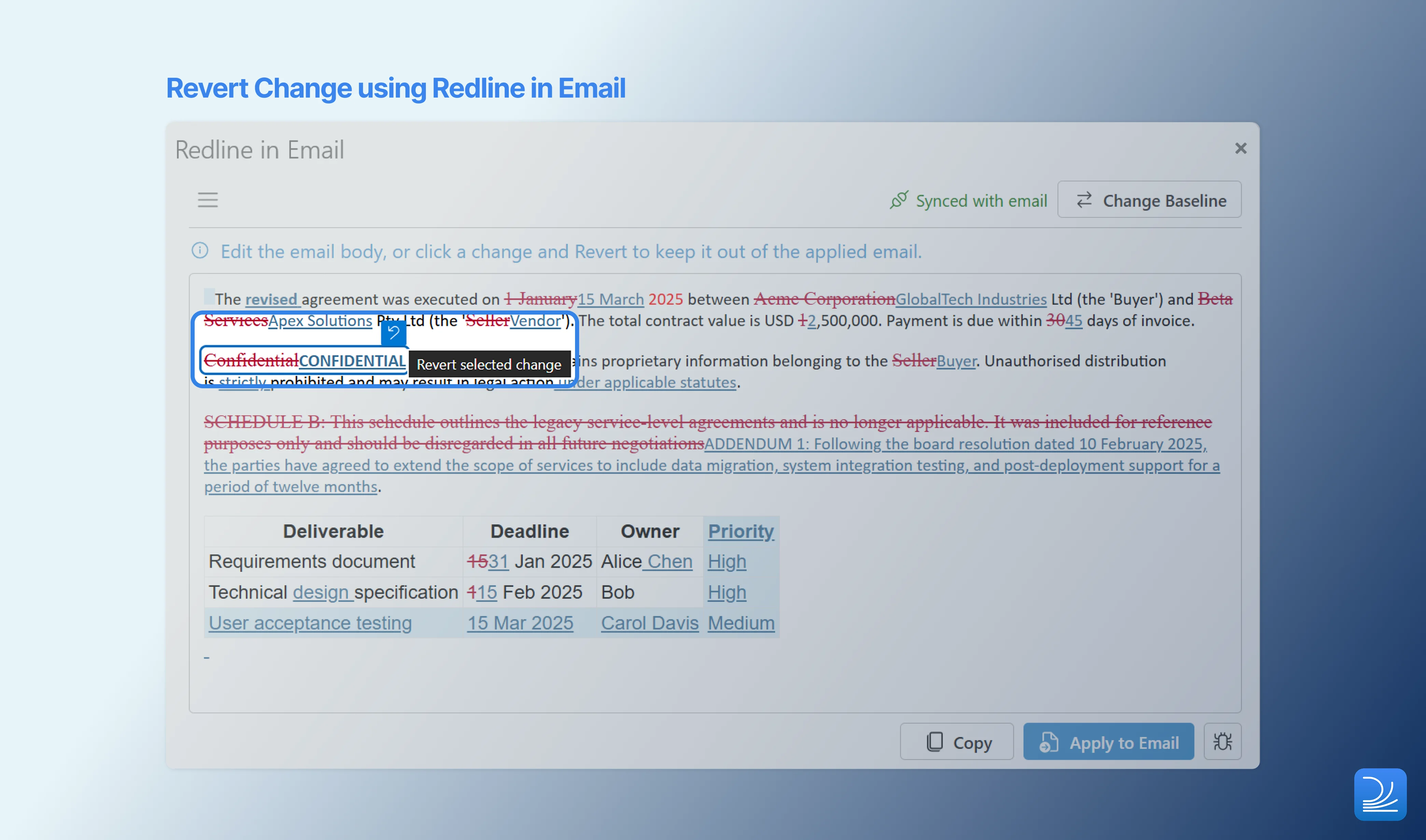 Undo individual changes in the redline preview