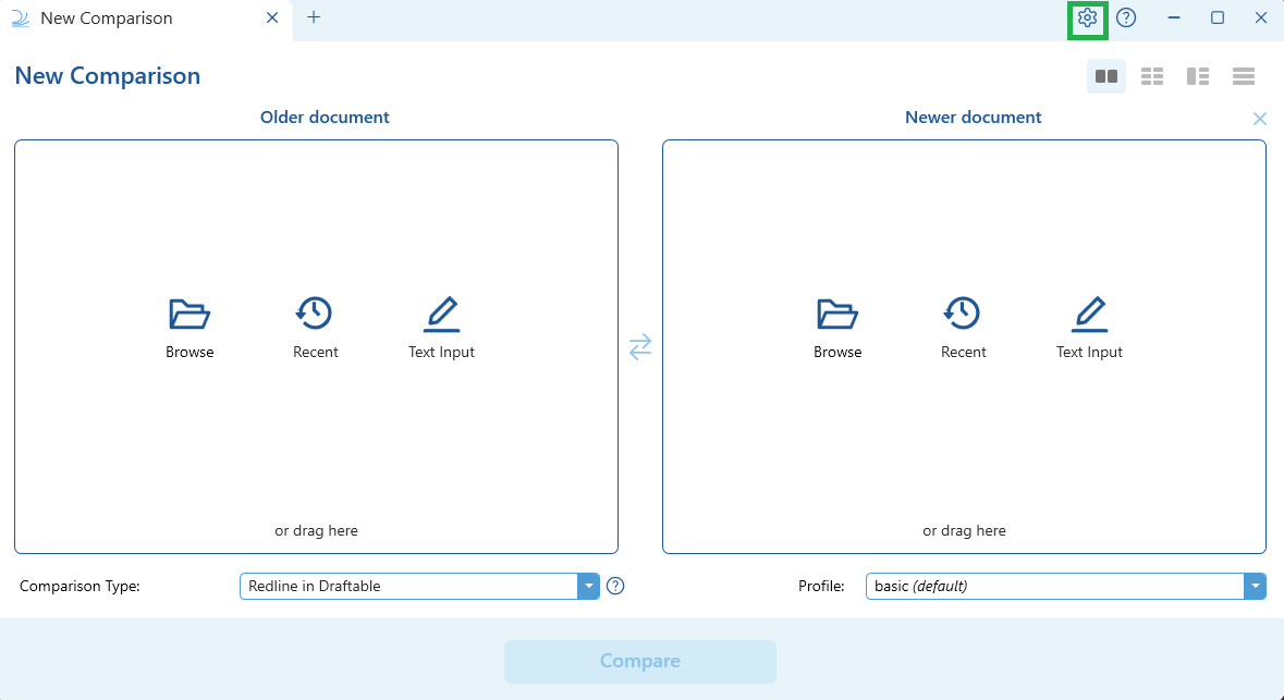 Selecting the Settings gear in the top right of the Draftable Business New Comparison window
