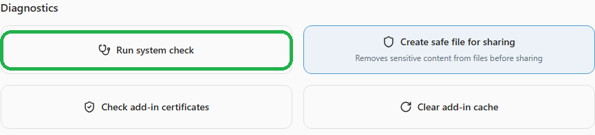 The Run system check button highlighted under Diagnostics in the Help and Troubleshooting settings in Draftable Legal 26.6