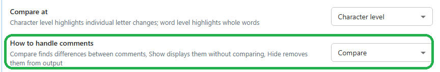 The Word comparison options in Redline Profiles in Draftable Legal 26.6, with the Comparison Behavior section where How to handle comments is found