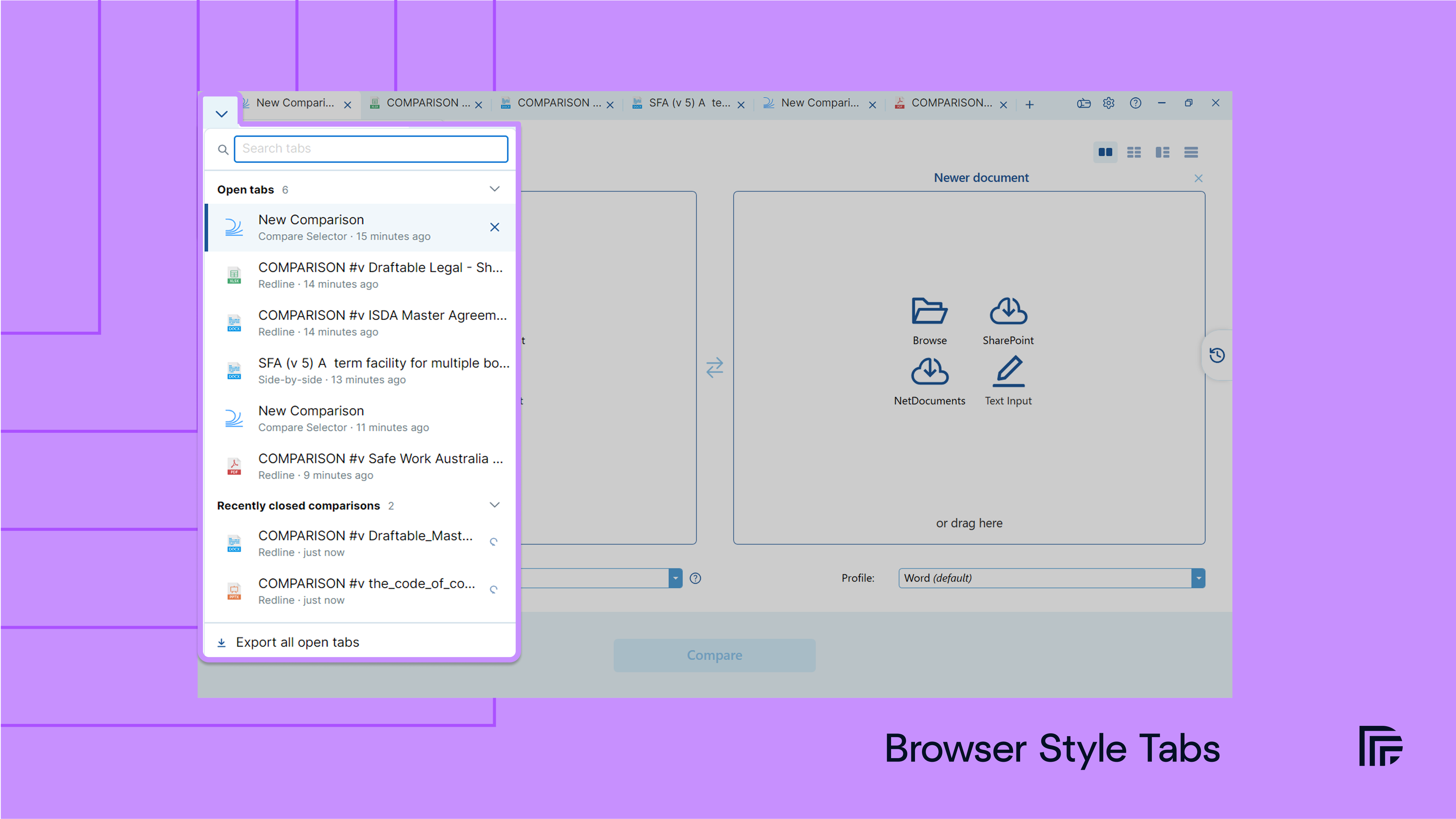 Browser-style tabs and the All tabs menu in Draftable Legal