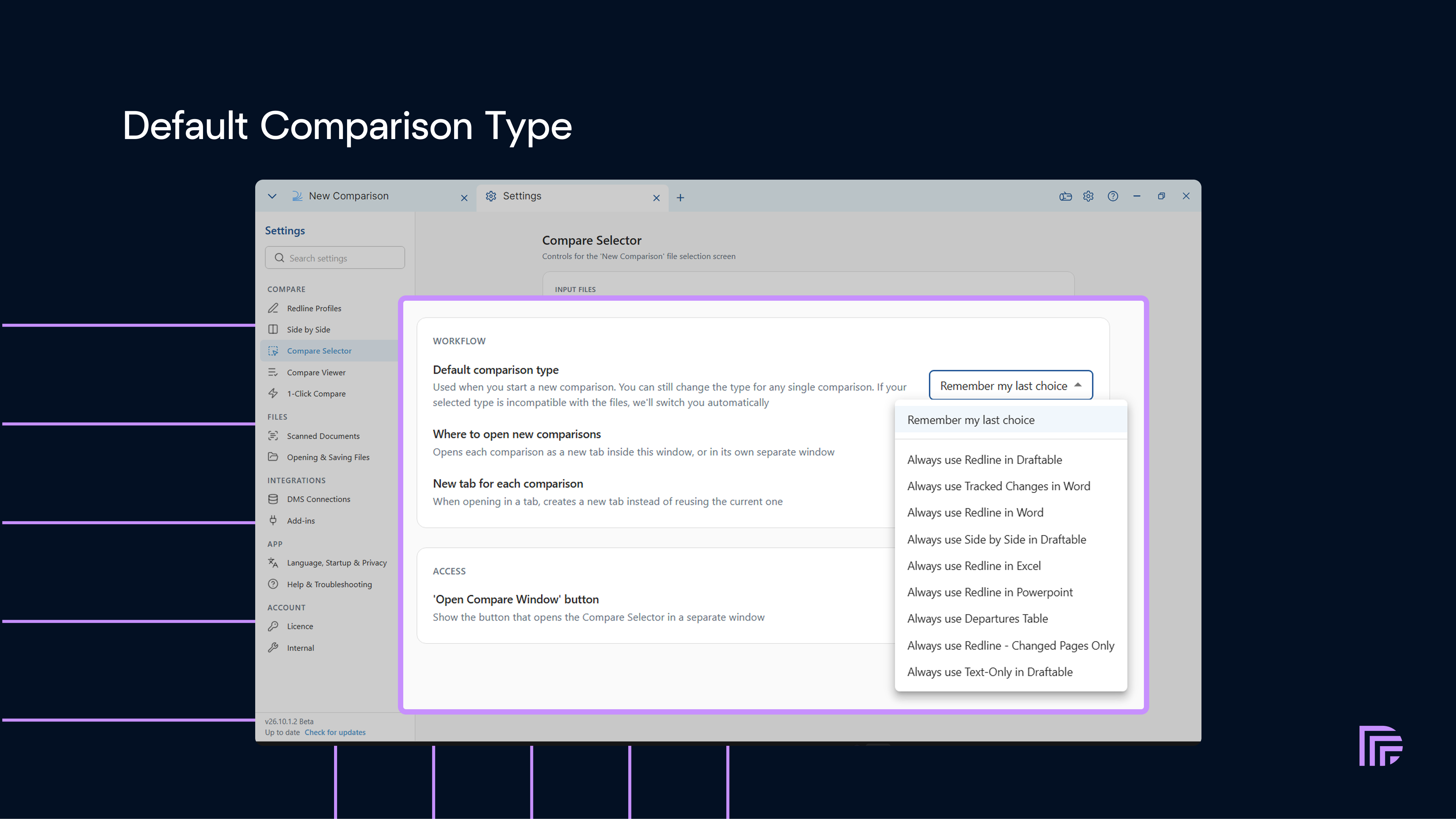 Default comparison type setting in Draftable Legal