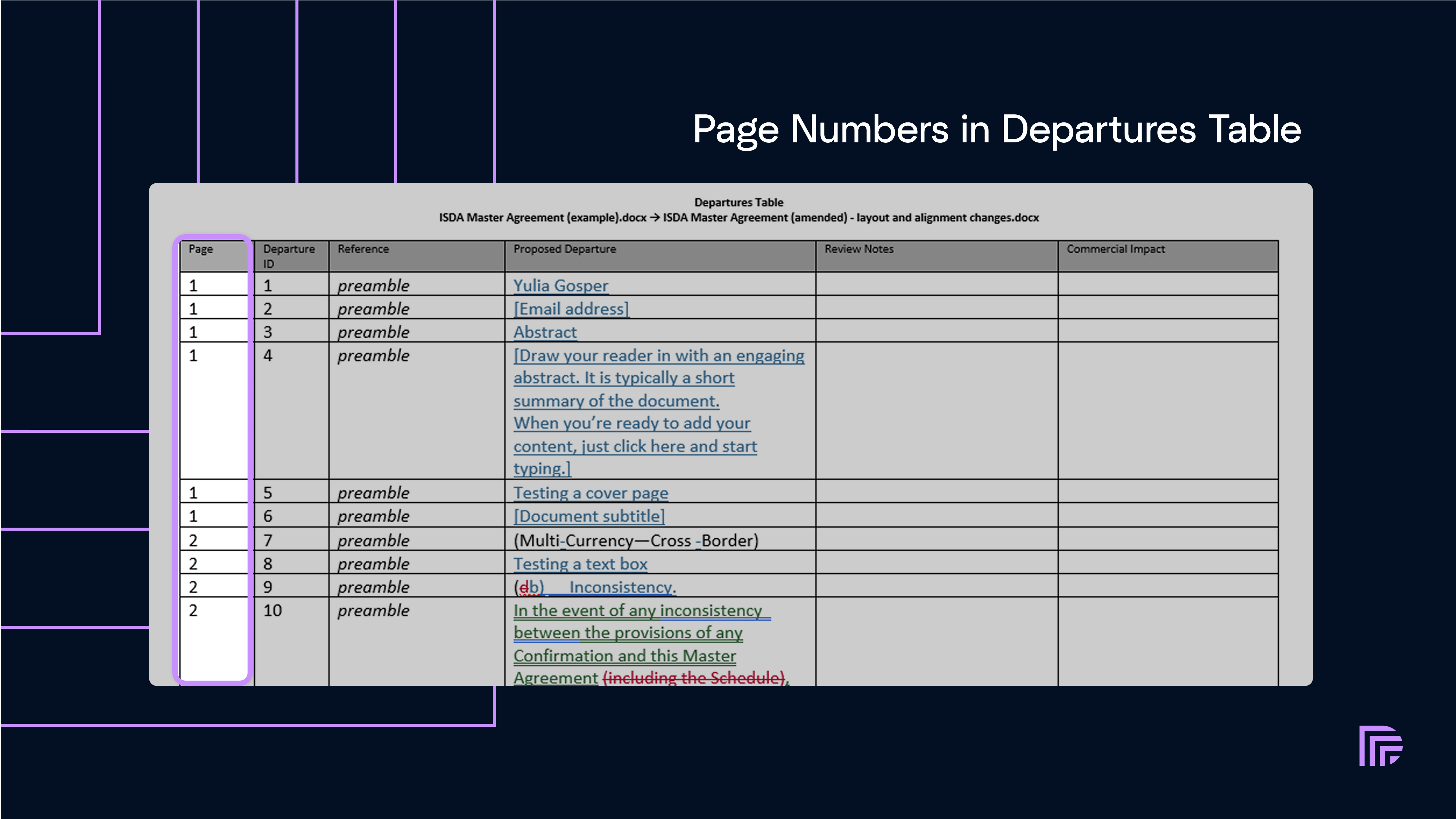 Page number column in a Departures Table export