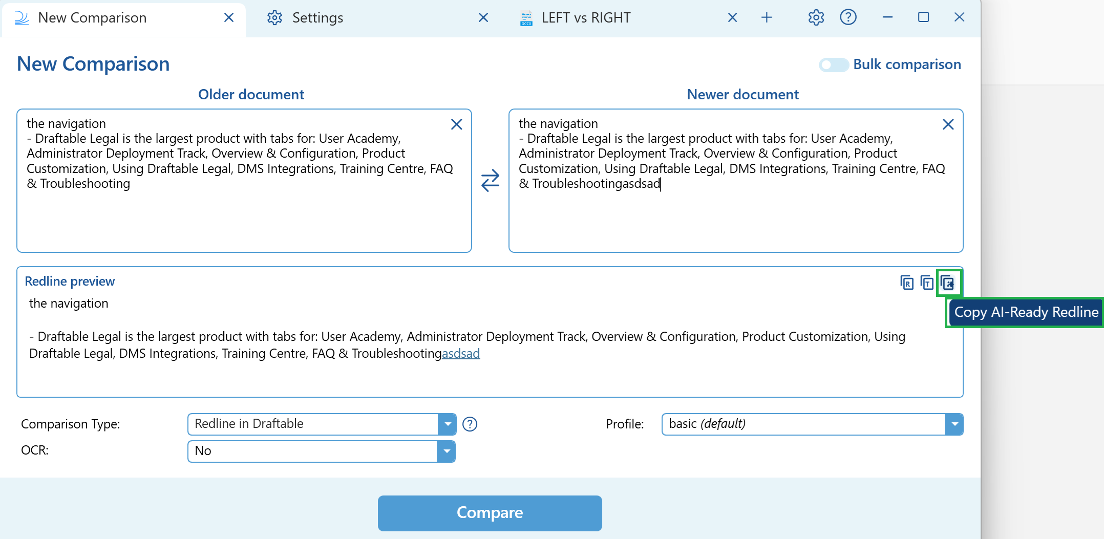 Copy AI-Ready Redline button in Live Redline Preview