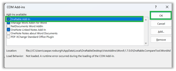 Draftable Add-in checked