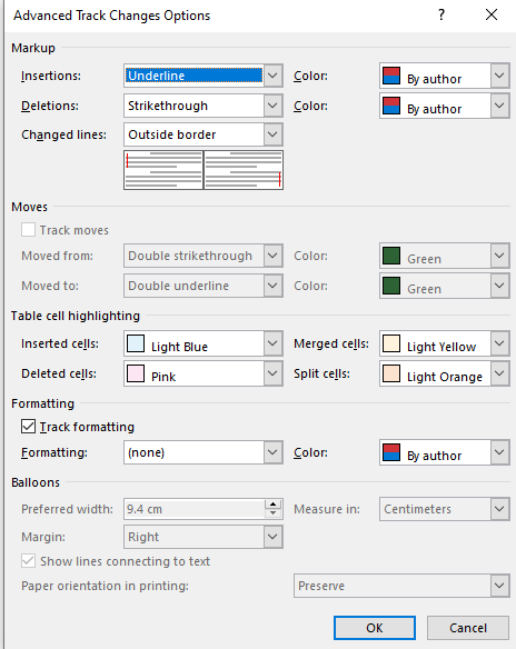 Advanced Track Changes window