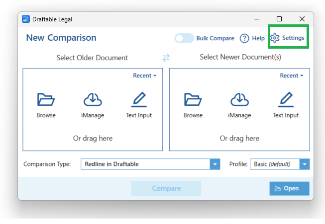Settings in New Comparison window