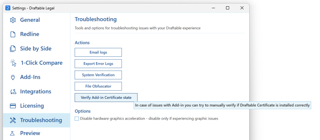 Verify Add-in Certificate State button