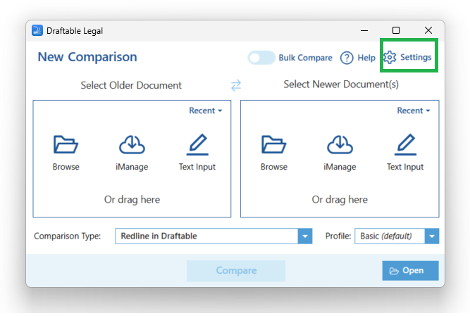Settings from new comparison window