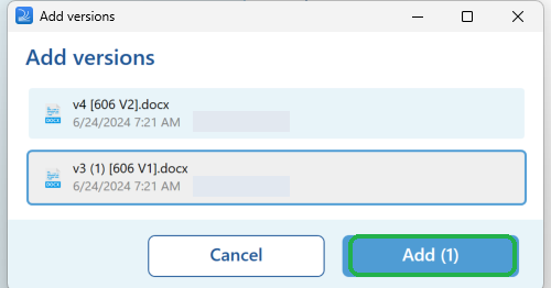 The Add versions dialog with a version selected and the Add button highlighted