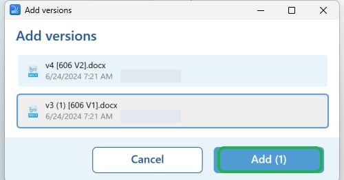 The Add versions dialog with a version selected and the Add button highlighted