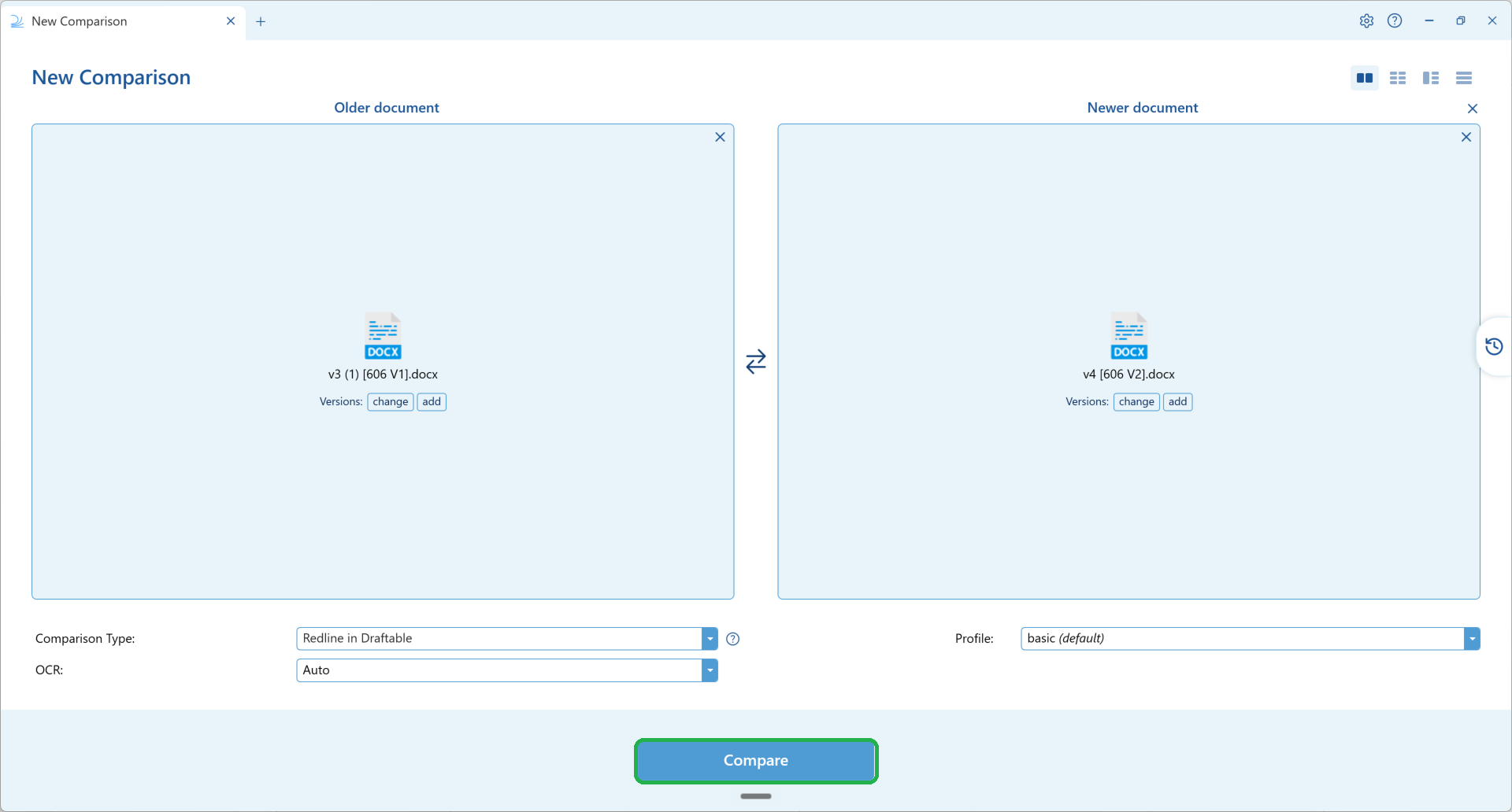 Both versions of the document loaded in the New Comparison window with the Compare button highlighted