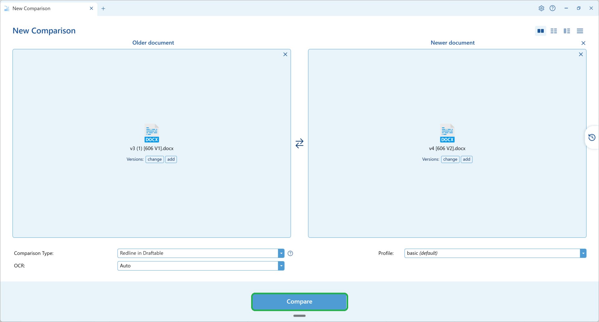 Both versions of the document loaded in the New Comparison window with the Compare button highlighted