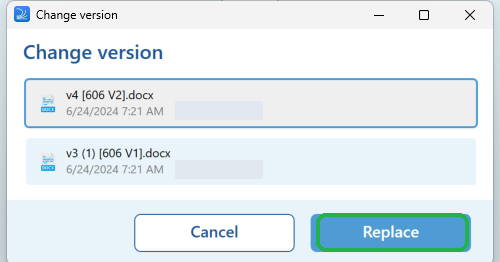 The Change version dialog listing the available versions, with the Replace button highlighted