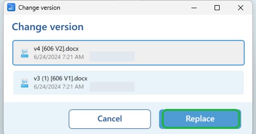 The Change version dialog listing the available versions, with the Replace button highlighted