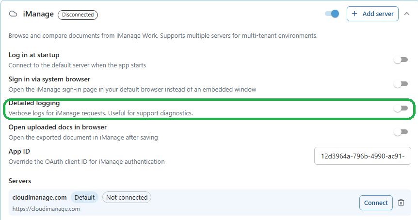 The iManage section of DMS Connections in Draftable Legal 26.6, with the Detailed logging toggle highlighted