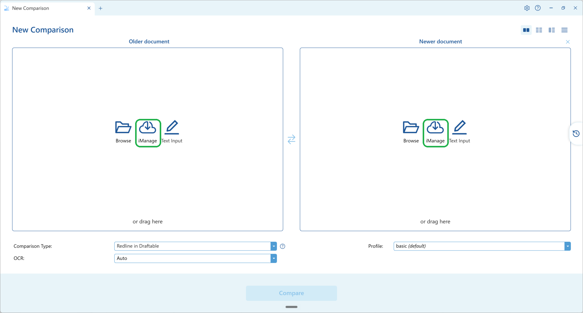The New Comparison window with the iManage option highlighted in both the Older and Newer document panels