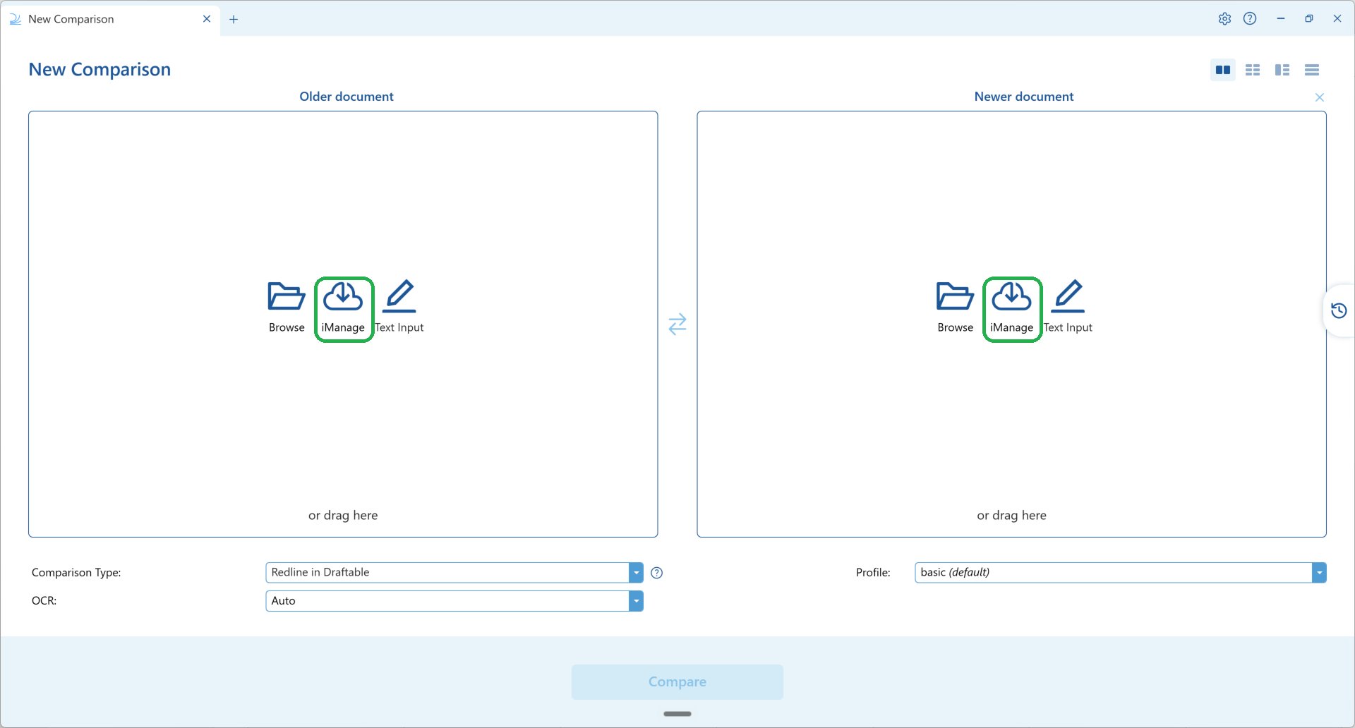 The New Comparison window with the iManage option highlighted in both the Older and Newer document panels