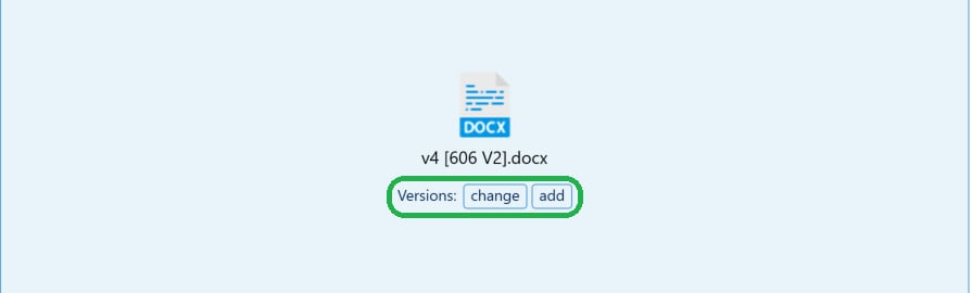 A loaded iManage document showing the Versions row with the change and add options