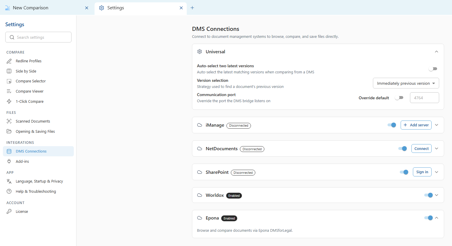 The Epona settings expanded under DMS Connections in Draftable Legal 26.6