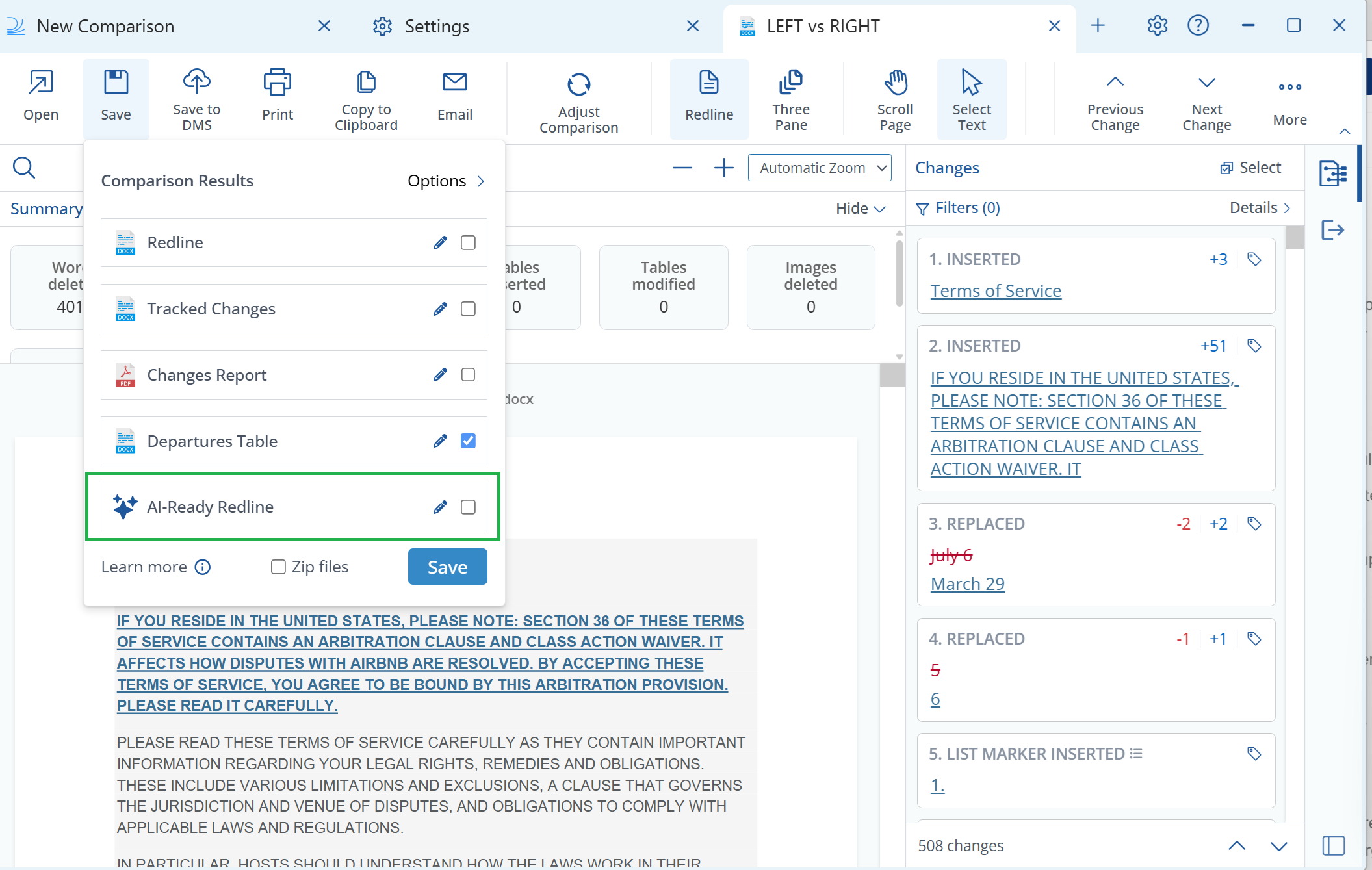 AI-Ready Redline in the Draftable Legal comparison results panel