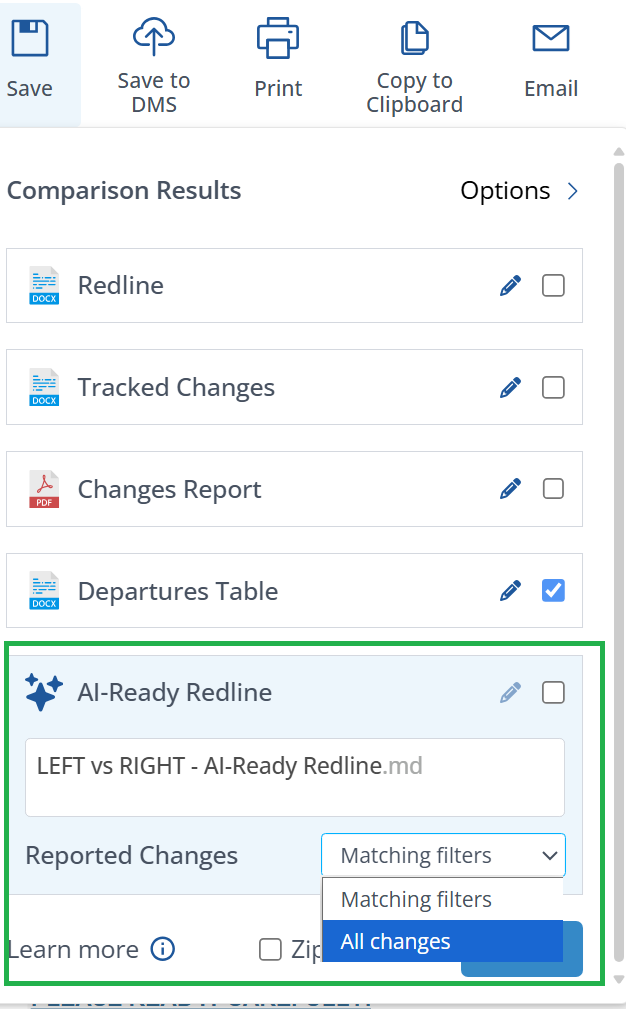 AI-Ready Redline card with Reported Changes dropdown