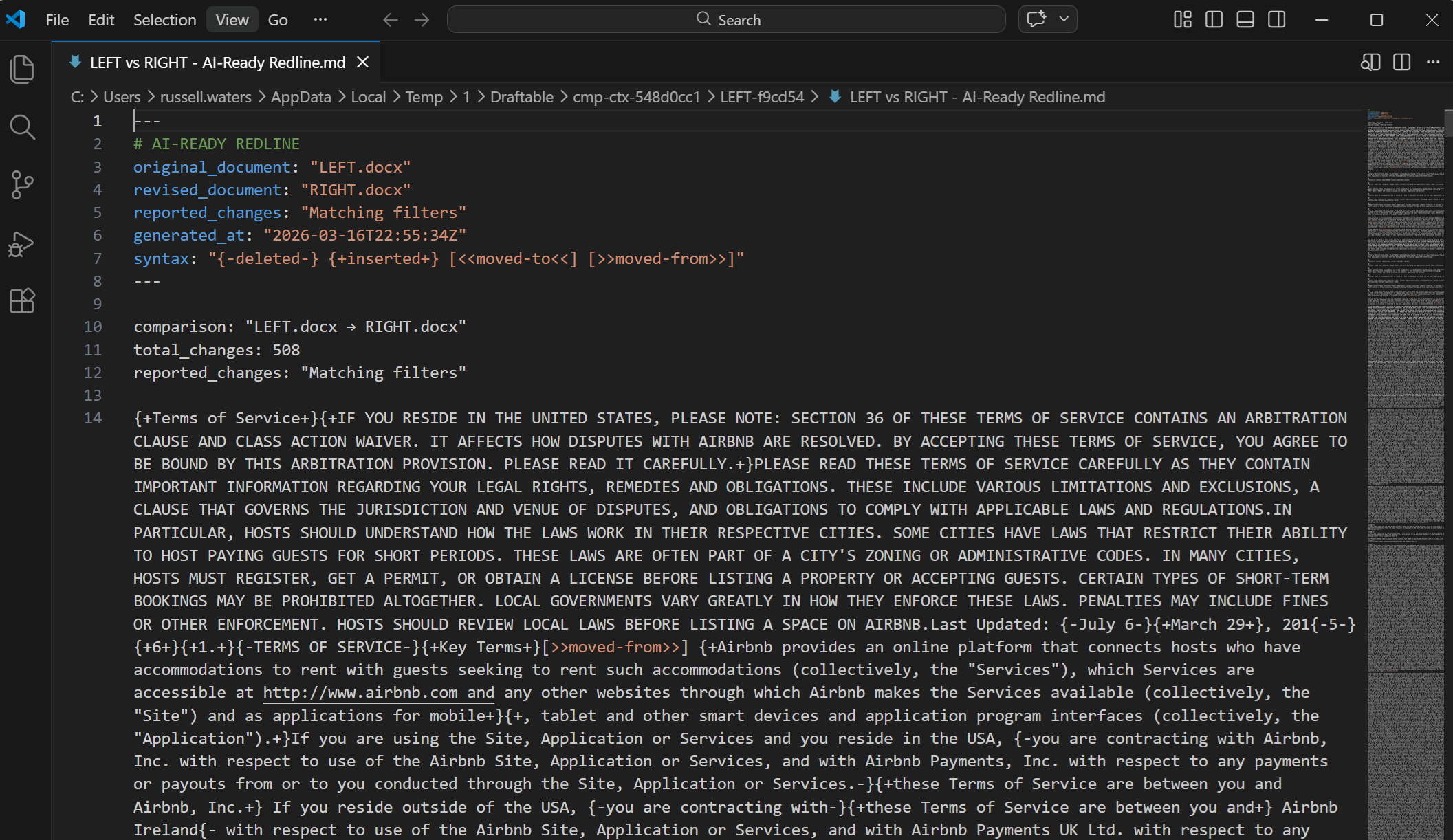 AI-Ready Redline output opened in a text editor