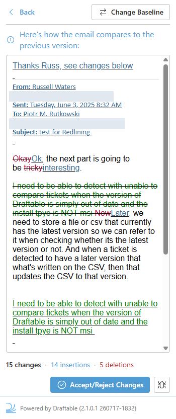 Redline in Email showing tracked changes when comparing against an earlier email