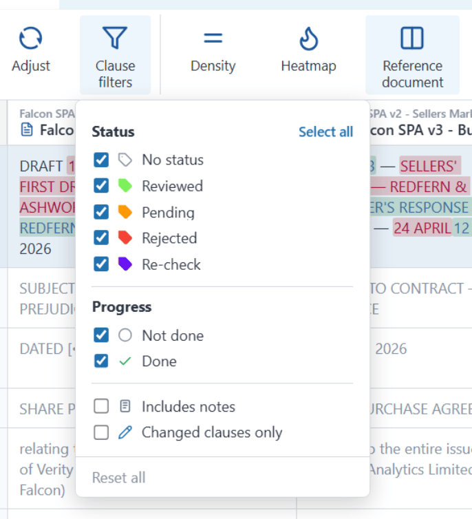 The Clause filters menu