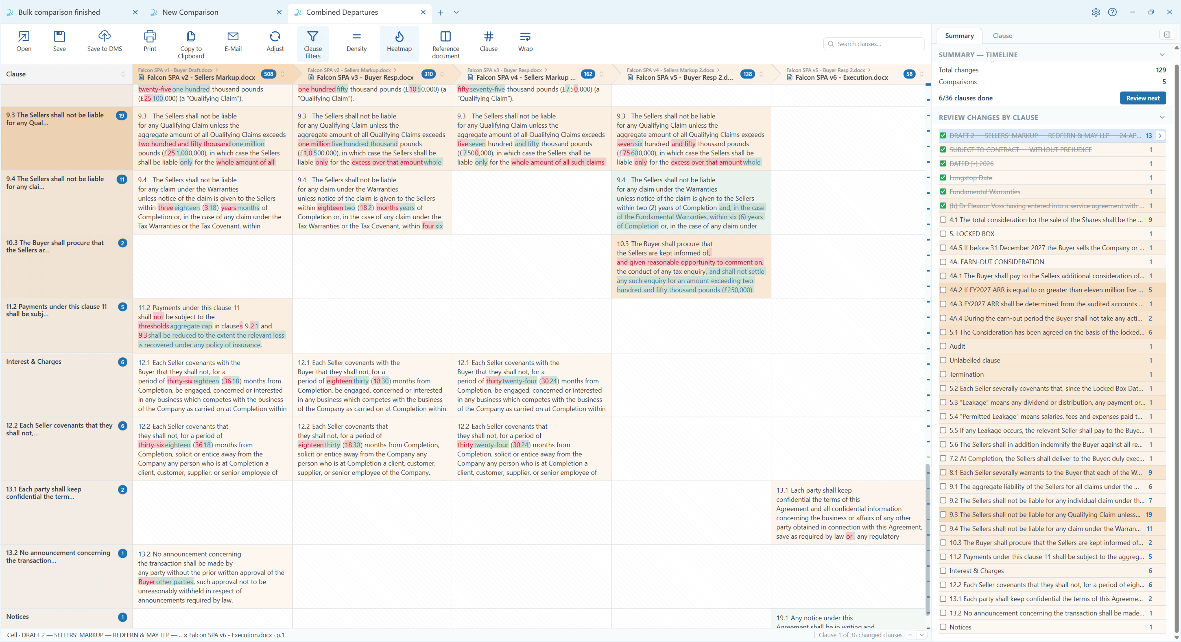 The Combined Departures Table showing a clause grid with one column per comparison