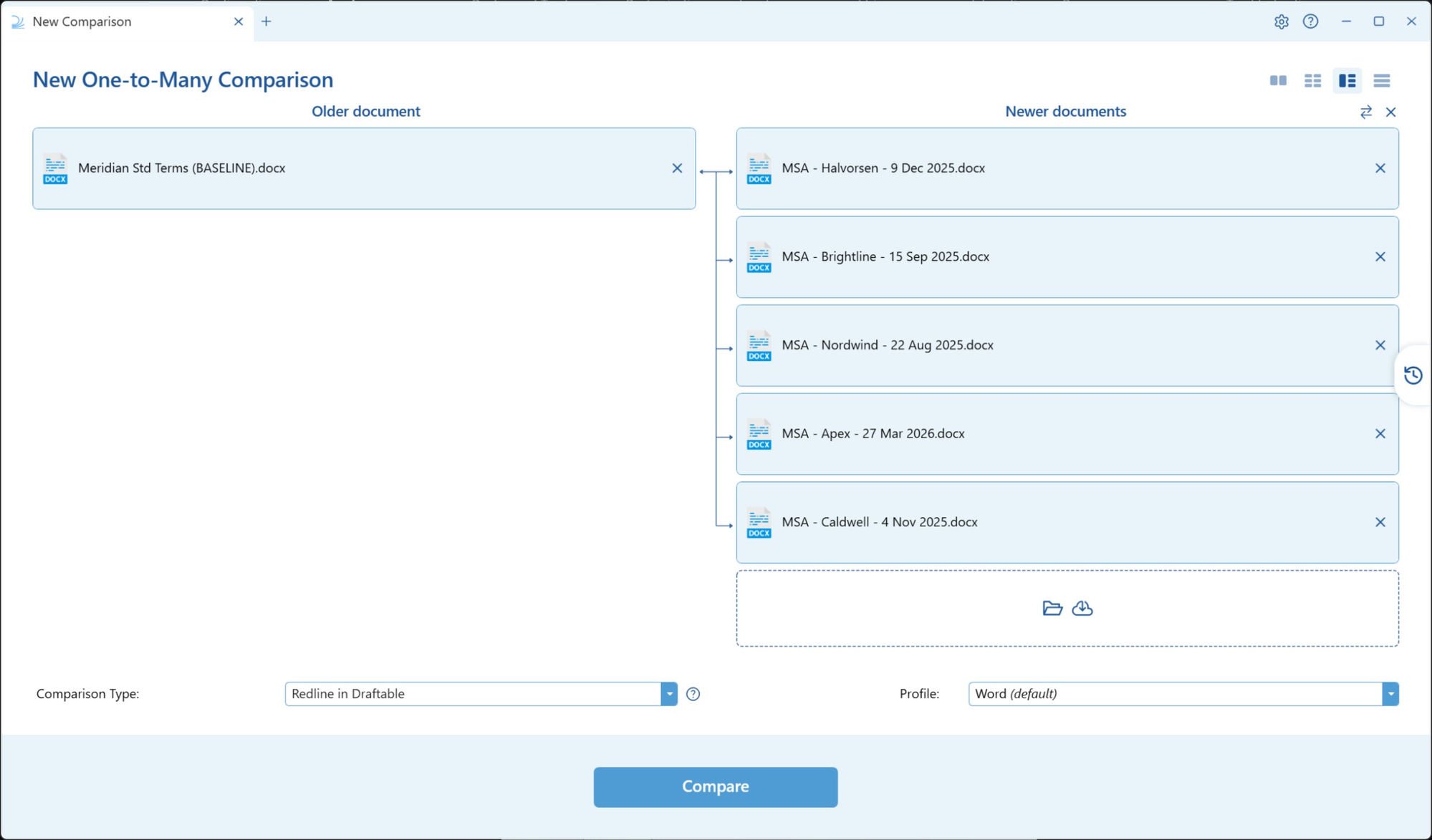 A One-to-Many comparison set up with one anchor document and several newer documents