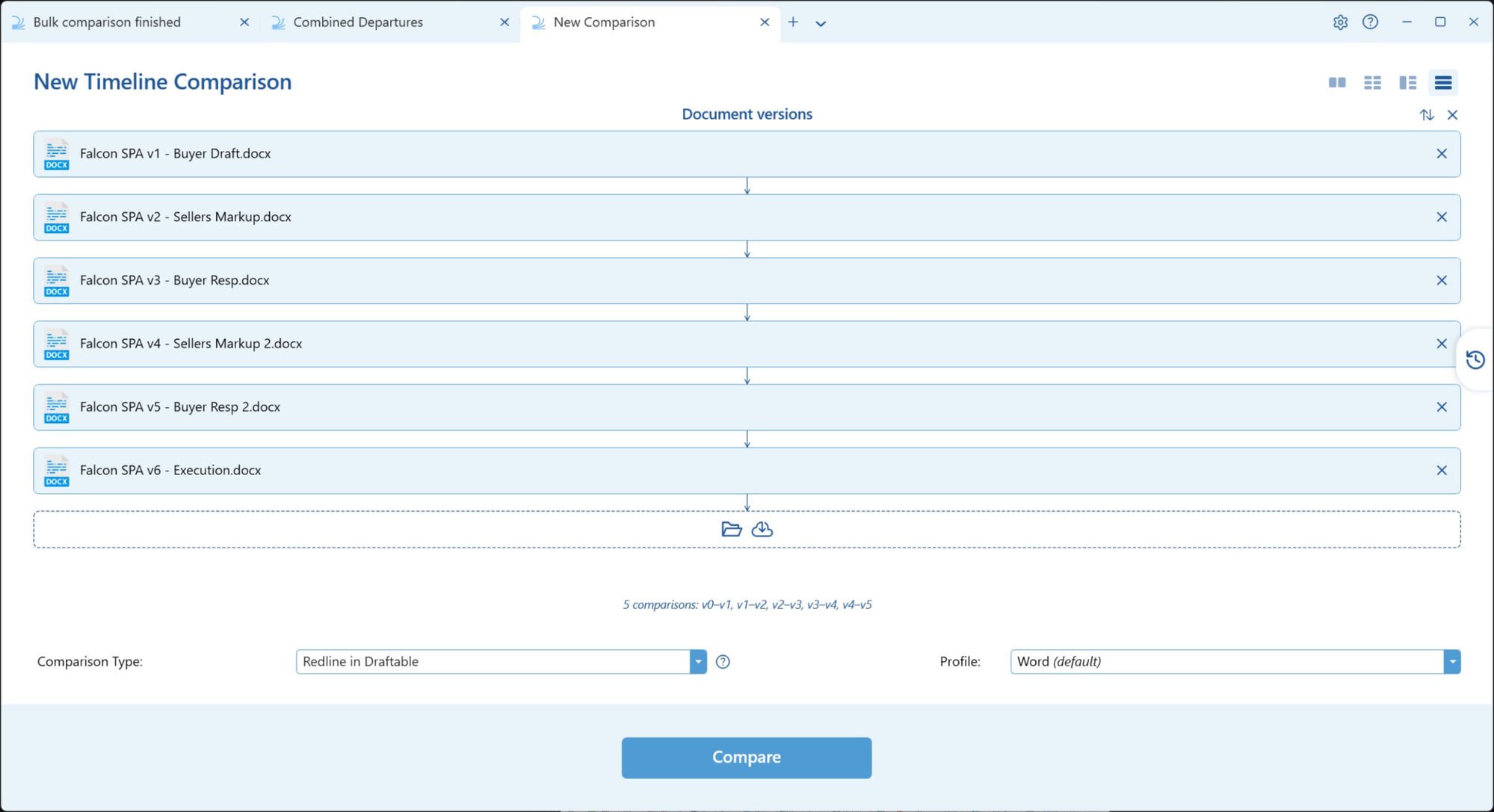 A Timeline comparison set up with six document versions in chronological order