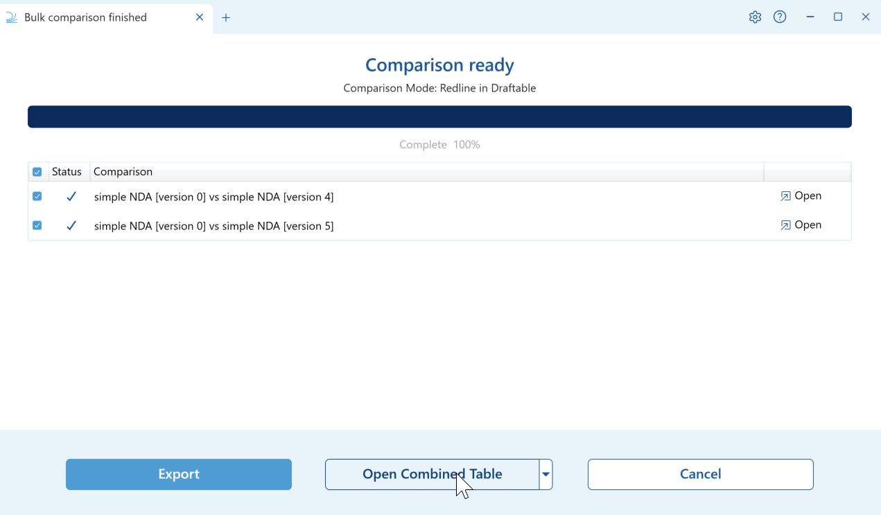 The bulk comparison results screen with the Open Combined Table button
