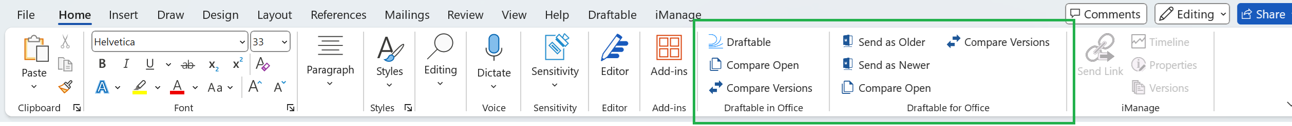 Draftable in Office add-in in the Home tab of Microsoft Word