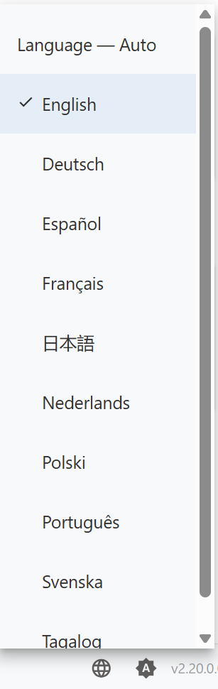 Language selection dropdown